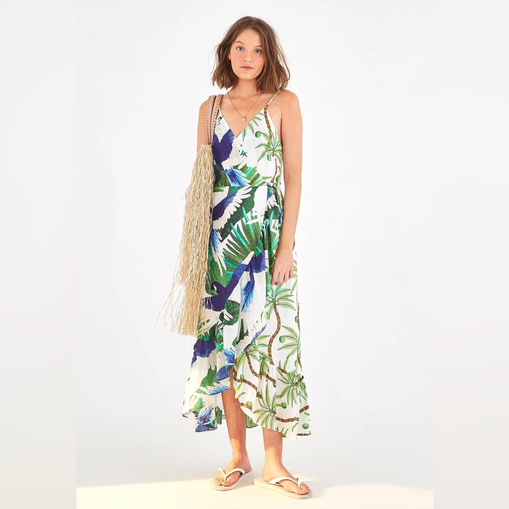NWT! FARM Rio Mixed Palm Wrap Midi Dress - Size Small